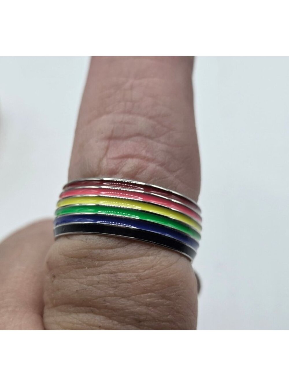 Rainbow Stripe Enamel Stainless Steel Ring Size 8 Multicolor Band Design